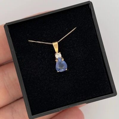 9ct Yellow Gold Sapphire & Diamond Cluster Pendant Necklace 16" Chain — 第 1/4 张图片