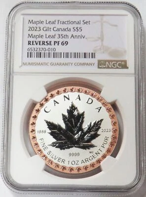 2023 SILVER CANADA GILT MAPLE LEAF 35TH ANNIVERSARY 1 OZ 9999 NGC REVERSE PF 69 - Image 1 of 2
