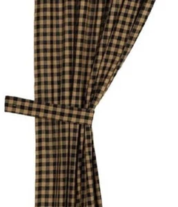 84" L Black & Tan Check Curtains Rustic Country 2 White Cotton Lined Panels - Picture 1 of 10