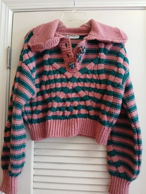 Suéter ZARA listrado malha cabo cropped rosa azul-petróleo macio feminino pequeno S retrô - Imagem 1 de 4