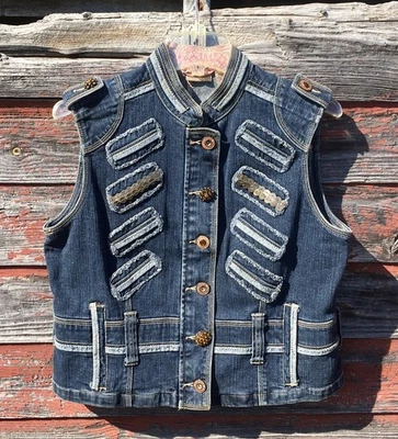 Vintage Ruff Hewn Denim Vest Large Sequins Embellished Jeweled Buttons Steampunk - Image 1 of 4