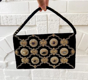 Vintage Zardozi Style Black Velvet Metallic & Gemstones Clutch Purse - Picture 1 of 11