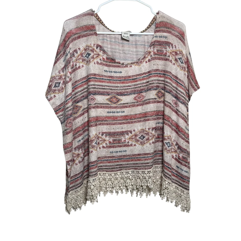 American Rag Blouse Women's S/M Striped Lace Knit Round Neck Boho Shirt Top - Image 1 of 4