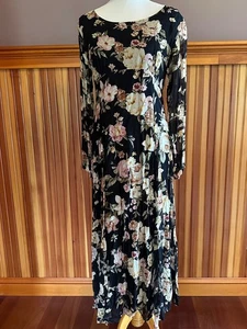 Vintage PASSPSORTS of Pier 1 Imports long boho black print empire waist dress M - Picture 1 of 9