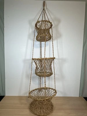 Handwoven Hanging Jute Fruit Baskets 3 Tiers Circular Jonote Style Storage Decor - Image 1 of 4