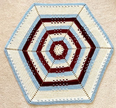 Vintage Shabby Farm Barn Tablecloth Blue Burgundy Hexagon Handmade Crochet Knit - Image 1 of 4