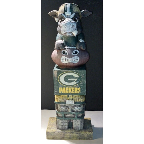 Green bay packers wooden hand carved angry football bowl totem pole 15 inch Cover