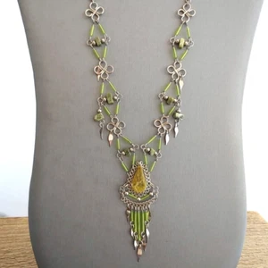 Silver Tone Peruvian Wire Work Stone Necklace Green Stone Glass Ethnic Boho 23” - Picture 1 of 8