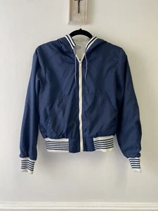 Vintage JCPenney Women’s Navy Full Zip Nylon Windbreaker Jacket Hoodie Sz M - Picture 1 of 5