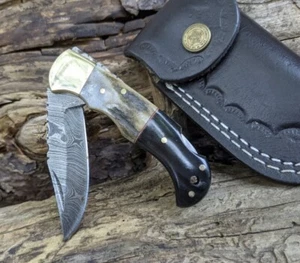 Vintage Damascus steel folding blade pocket knife Deer Stag Bull Horn Handle - Picture 1 of 2