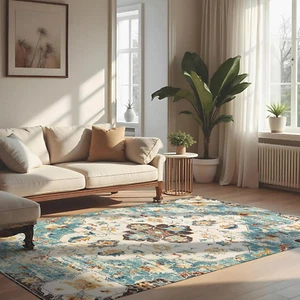 5' X 7' Area Rug, Machine Washable Non-Slip Vintage Low Pile Faux Wool - Picture 1 of 12