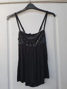 LOOK BLACK STRAPPY EMBELLISHED SEQUIN TRIM OPEN BACK BABYDOLL TUNIC VEST TOP -10 - Picture 1 of 4