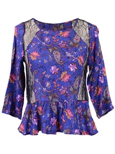 Lush Girly Floral Printed Three Quarter Sleeve Peplum Top With Lace Detailing - Picture 1 of 2