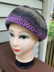 EUC Parisian Beret/Beanie Sweater Cable Knitted Cap Purple & Gray Women's Hat - Picture 1 of 8