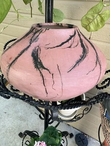 Native American Traditional Horse Hair FEATHER Terracotta Pottery Vase 10" x 7" - Picture 1 of 14