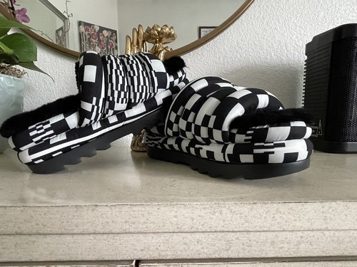 SANDALI SLIDE UGG MAXI CHECK PELLE DI PECORA PLATEAU DONNA US 6