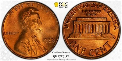 PCGS MS67 RD 1982 Lincoln Memorial Cent Red Bronze Large Date - Image 1 of 3