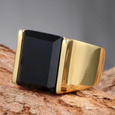 Men Women Signet Ring Stainless Steel Black Square Stone Statement Party Gift - Image 1 of 4
