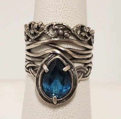 Anillo O Paz Israel Plata Esterlina Forma de Pera Topacio Azul Londres Banda Ancha Talla 7 Foto 1 de 4