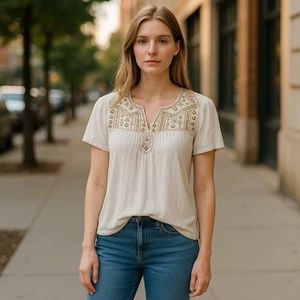 Blusa de Verano Pequeña Boho Cottagecore Bordada Top Marfil Geométrica Marca Lucky - Imagen 1 de 7