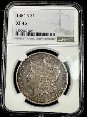 Dólar de plata Morgan 1884 S ~ Casa de la Moneda de San Francisco ~ Calificado por NGC XF45 ~ Fecha clave Foto 1 de 3