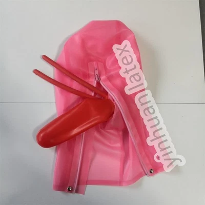 Máscara de goma con capucha de látex rosa transparente con condón oral y fetiche tubo nariz larga Foto 1 de 4