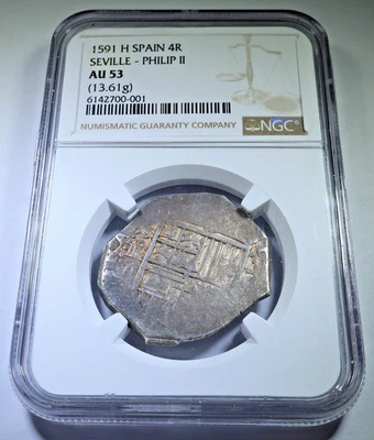 NGC AU-53 1591 Moneda Española 4 Reales Genuina 1500 Felipe II Pirata Tesoro Cob Foto 1 de 2