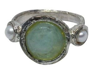 Israel 925 Silver Ancient Roman Glass Style Art Glass w/ Pearl Ring Size 7 - Picture 1 of 6