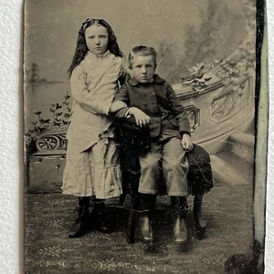 Antikes Farbfoto entzückende Kinder Bruder & Schwester Familie - Bild 1 von 8