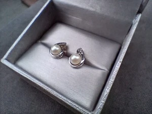 Vintage Natural Pearl with Diamonds 10K White Gold-Filled Stud Earrings - Picture 1 of 4