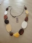 Jjill Long( 27-34")Hammered Metal Discs,Wood & Agate Corded Necklace Nos