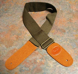 GUITAR STRAP, NEW, COTTON/LEATHER, DARK KHAKI/BROWN, EMBOSSED, FREE POSTAGE - Picture 1 of 3