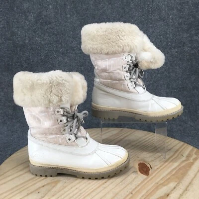 Coach Boots Womens 7.5 B Leonora Shearling White Leather Lace Up Fur Trim Ankle - Image 1 of 4