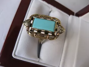 ANTIQUE 14K 2-tone YELLOW GOLD FILIGREE RING:FINE PERSIAN TURQUOISE & ENAMELS - Picture 1 of 4