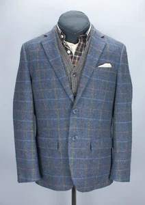 Gurteen Mens Tweed Windowpane Check Jacket 2Btn Blazer Blue Wool Sport Coat 40R - Picture 1 of 19