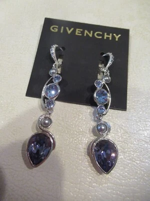 NWT Givenchy Silver Tone Drop Earrings/ Purple/Blue Crystals/ Gray Faux Pearls - Image 1 of 4