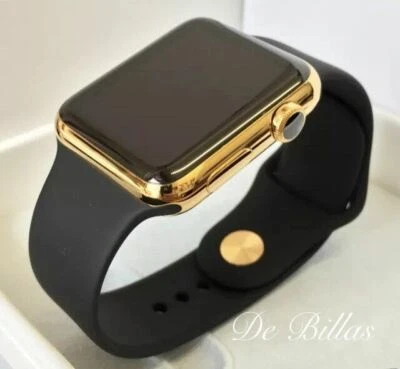 24K Gold Plated 38MM Apple Watch SERIES 3 Black Sport Band Gold Pin GPS+LTE - Image 1 of 4
