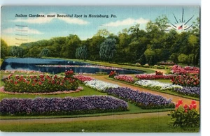 Postal PA Harrisburg Jardines Italianos Vista Flores Estanque Hermoso Lugar c1944 - Imagen 1 de 2