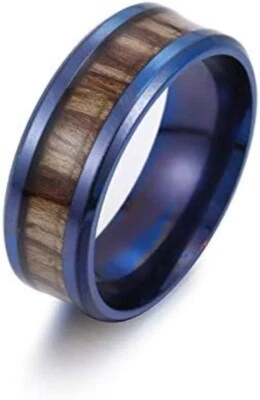 Anillo con incrustación de madera simple de acero inoxidable para hombre y mujer talla 6-13 de EE. UU. Foto 1 de 4