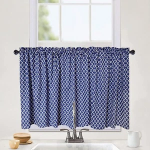 W150*H60cm Navy/White Geometric Print Home Kitchen Caravan Window Café Curtain - Picture 1 of 4