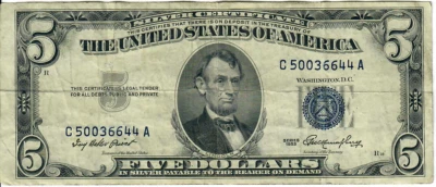 1953A 5$ Silver Certificate - Blue Seal - IBP/RBA C50036644A - #13610 - Image 1 of 2
