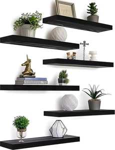 Black Wood Floating Shelves for Wall Rustic Wall Shelves for Bedroom Set of 6 - Picture 1 of 7