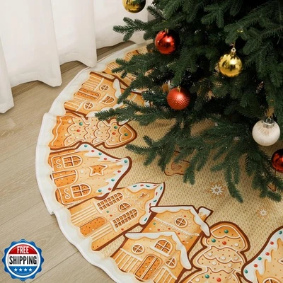 Motionchic 48 Inches Christmas Tree Skirt Gingerbread House Pattern Christmas - Image 1 of 4