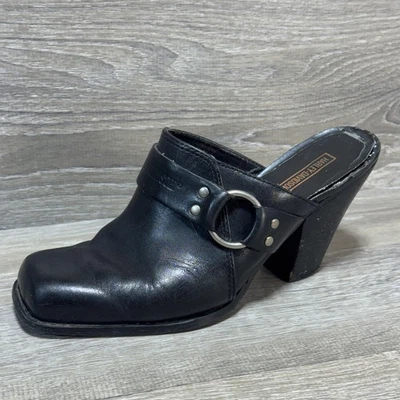 Harley-Davidson Shoes Womens Black Leather Mule Clog Heels Harness Biker O Ring - Image 1 of 4