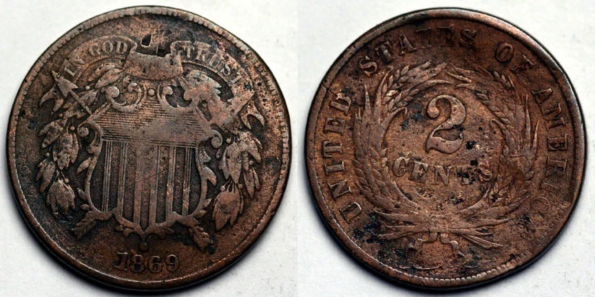 1869 Two Cent Piece - Bent - Image 1 of 1
