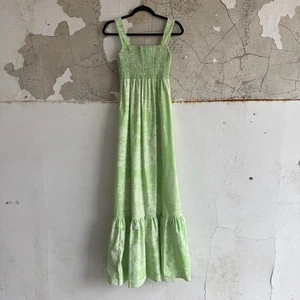 Vintage Maxi Dress Green Hawaiian Floral Smocked Bodice Ruffle Tiers Resort L - Picture 1 of 6