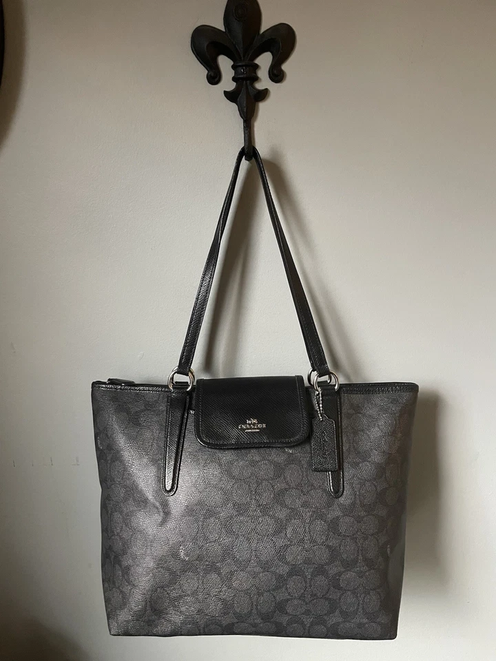 Bolso de hombro COACH Ward negro/gris humo logotipo de firma con cuero negro Foto 1 de 4