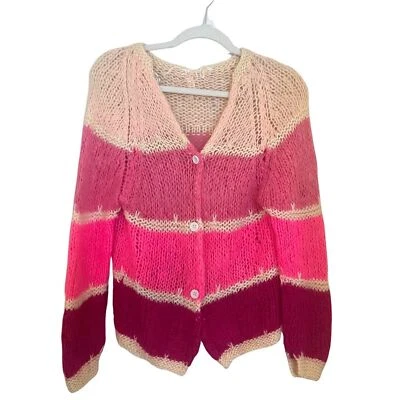 Handknit Wool Mohair Boho Pink Cream Cardigan Sweater Size Small Grannycore Cute - Image 1 of 4