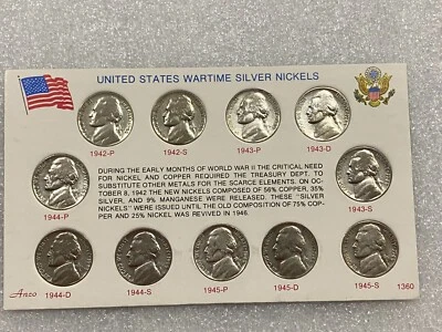 US WARTIME SILVER NICKELS SET COMPLETE ~~ 11 COINS in DISPLAY CARD - Image 1 of 2