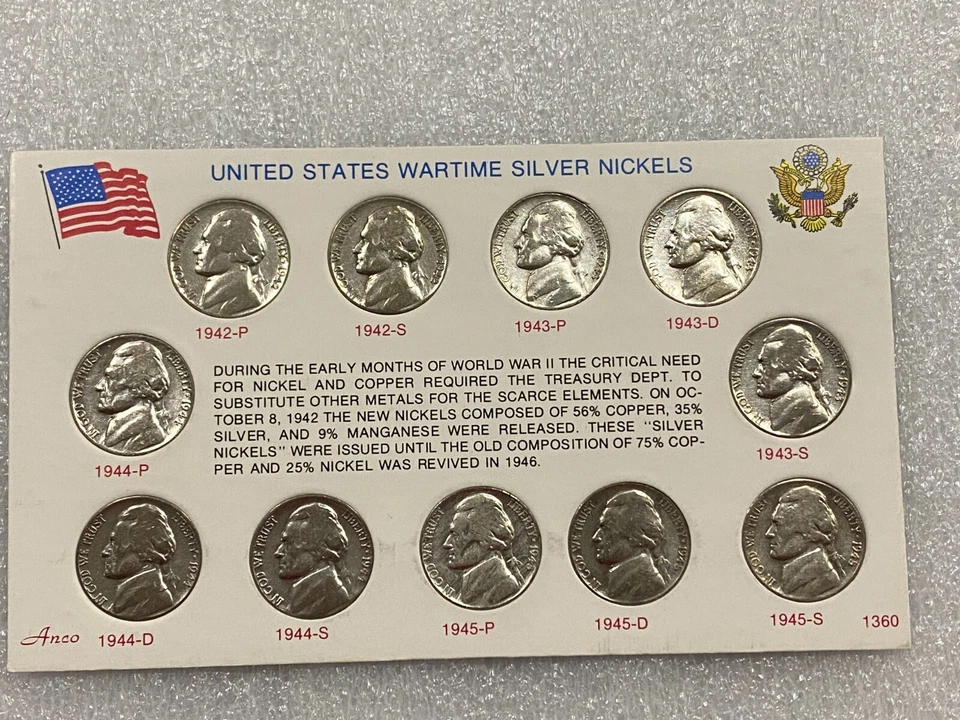 US WARTIME SILVER NICKELS SET COMPLETE ~~ 11 COINS in DISPLAY CARD - Image 1 of 2